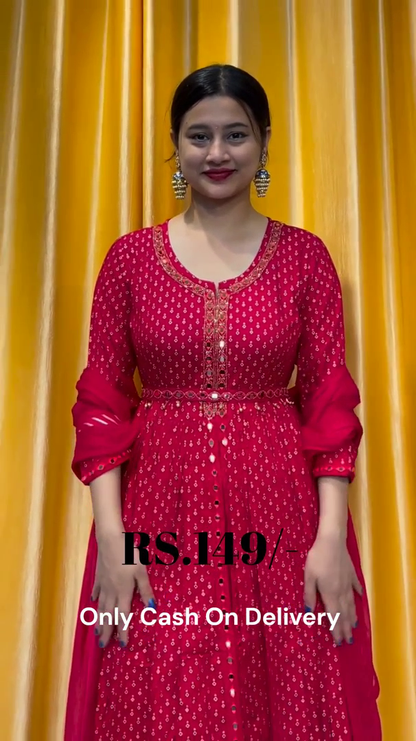 Crimson Polka-Dot Anarkali Gown with Embroidered Cinched Waist