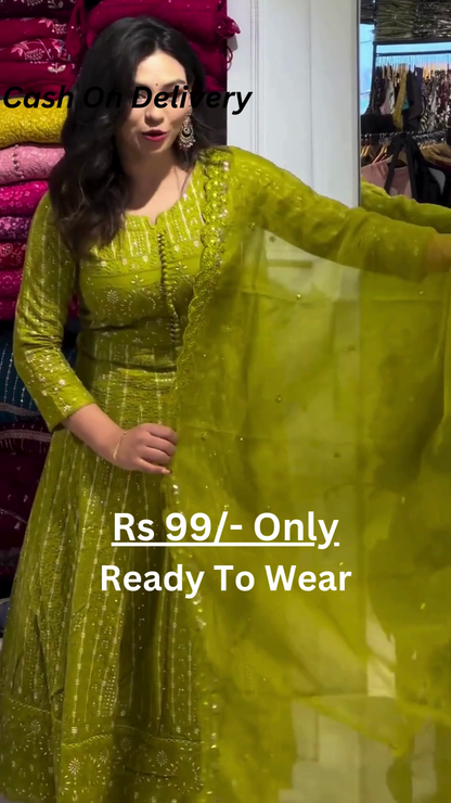 Olive Radiance: Embroidered Anarkali Suit Set