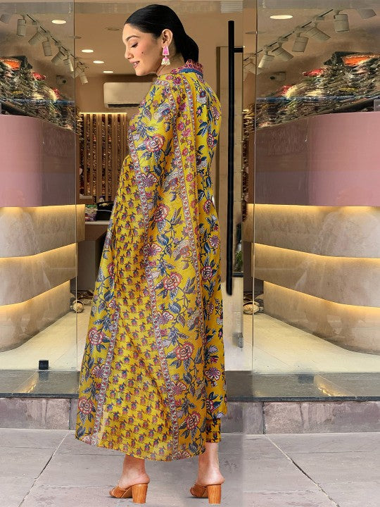 Women Floral Printed V-Neck Anarkali Kurta with Palazzos & With Dupatta