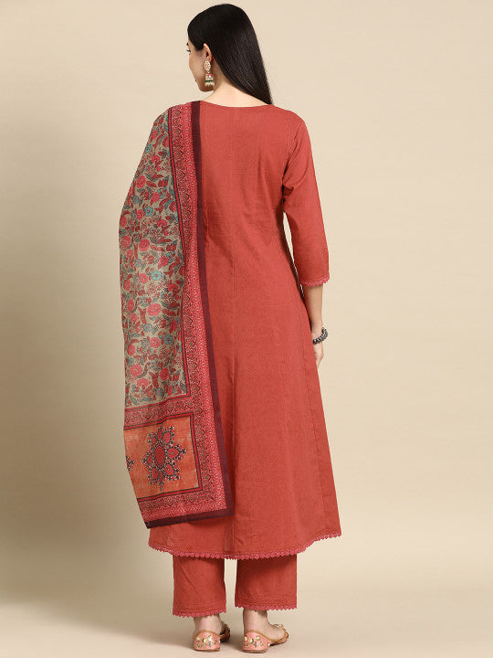 Anarkali Pure Cotton Kurta With Trousers & Dupatta