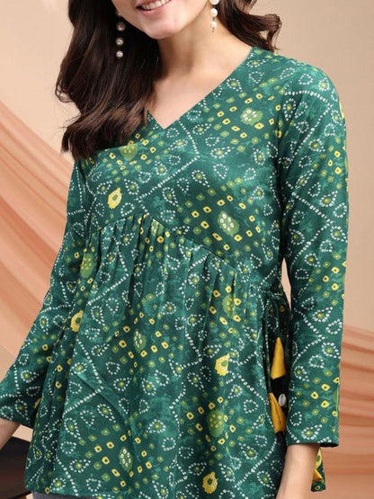 Women Bandhani Print Peplum Kurti With Tassles and Kodi