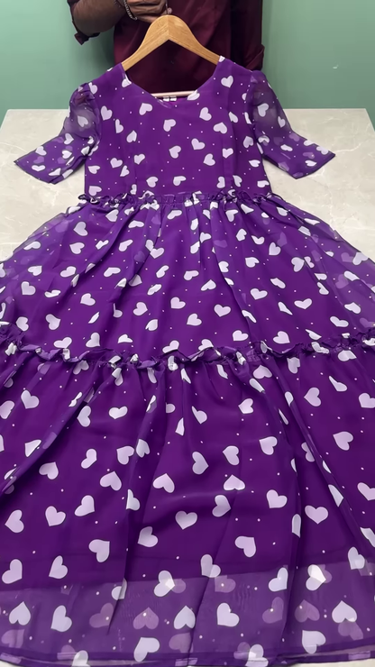 Adorable Purple Heart-Print Flared Girls’ Dress – Soft Net & Crepe