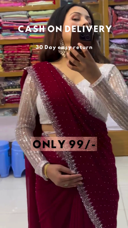 Aquamarine Glitz: Sequined Blouse & Georgette Saree Set