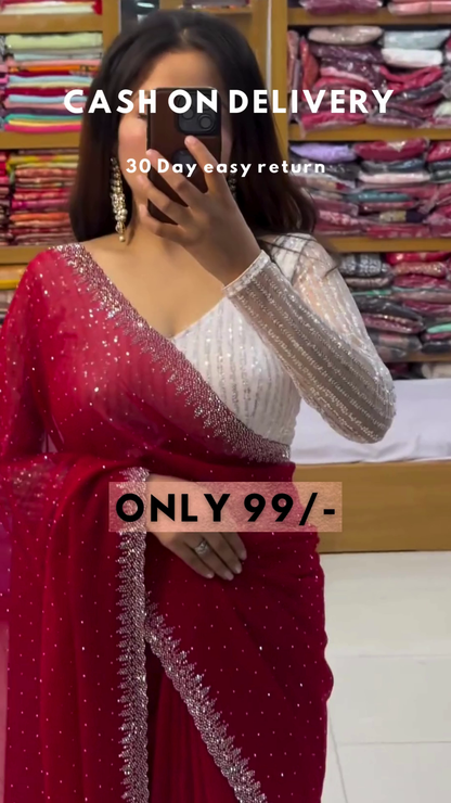 Aquamarine Glitz: Sequined Blouse & Georgette Saree Set