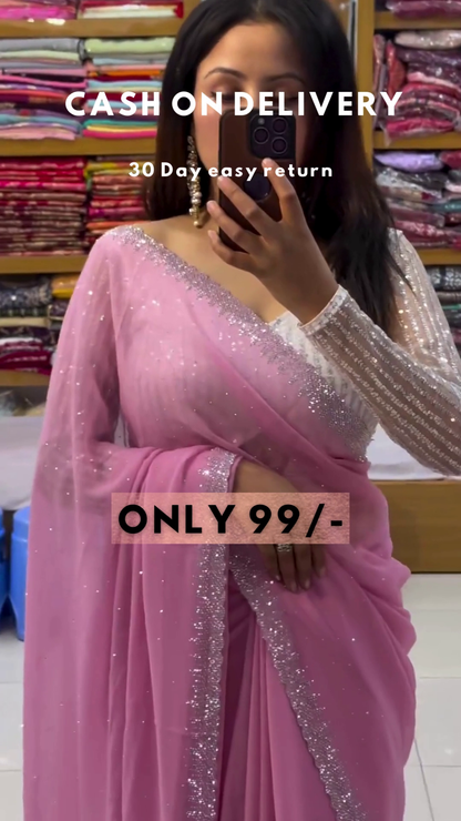 Aquamarine Glitz: Sequined Blouse & Georgette Saree Set