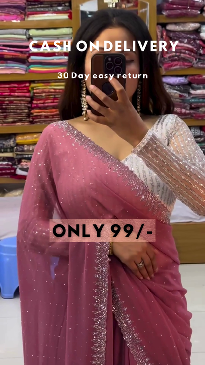 Aquamarine Glitz: Sequined Blouse & Georgette Saree Set