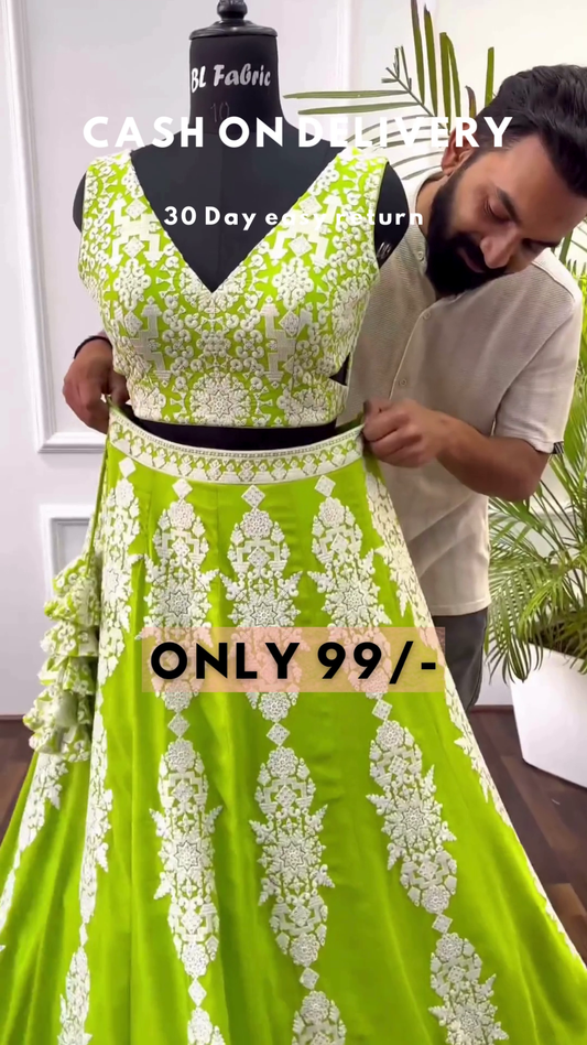 Lime Zest: Embroidered Woven Lehenga Choli Set