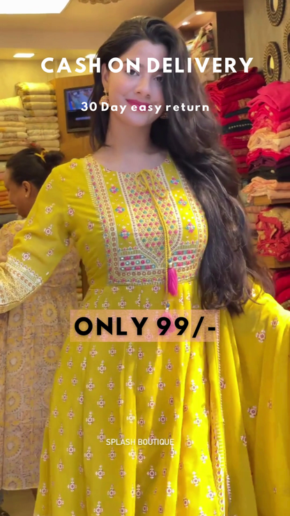 Mustard Bloom: Woven Anarkali Kurta & Trouser Set