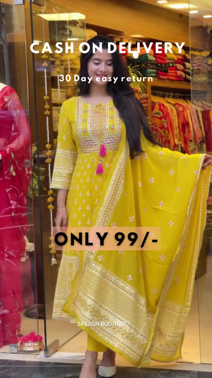 Mustard Bloom: Woven Anarkali Kurta & Trouser Set