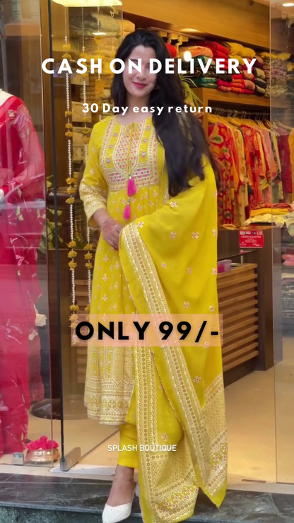 Mustard Bloom: Woven Anarkali Kurta & Trouser Set