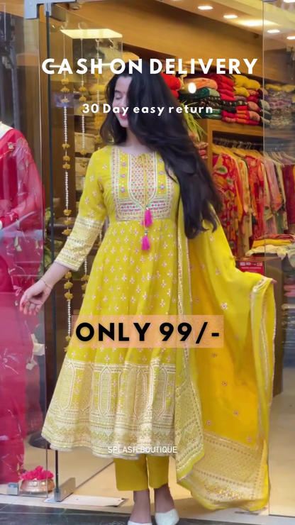 Mustard Bloom: Woven Anarkali Kurta & Trouser Set