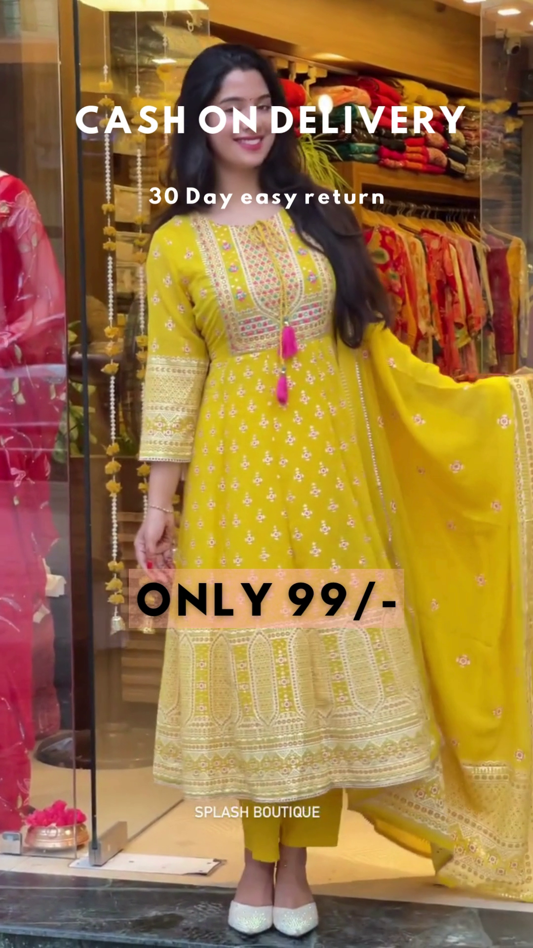 Mustard Bloom: Woven Anarkali Kurta & Trouser Set
