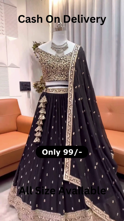 Midnight Shimmer: Heavily Sequined Black & Gold Lehenga Choli Set