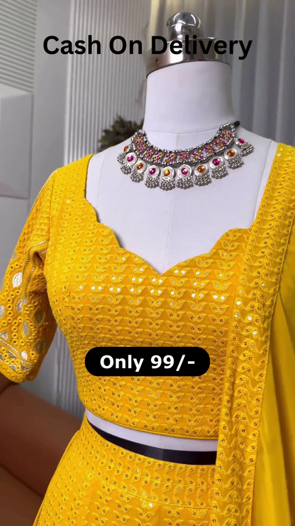 Canary Radiance: Chikankari & Mirror-Work Lehenga Choli Set