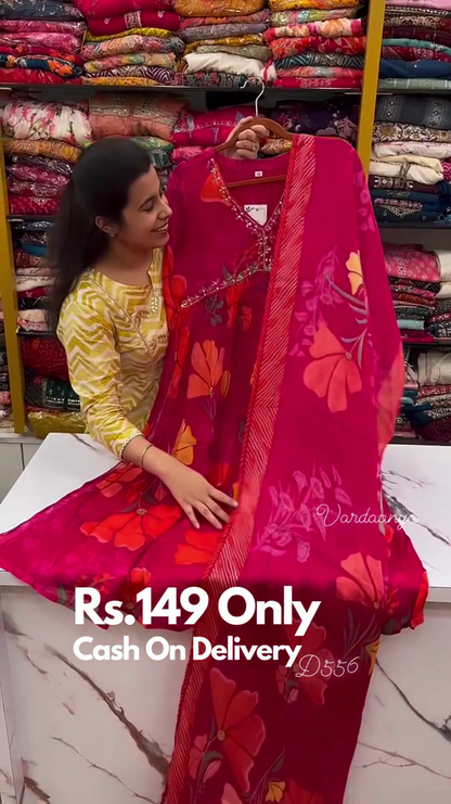 Teal Blossom: Floral Printed Alia-Cut Anarkali Kurta Set