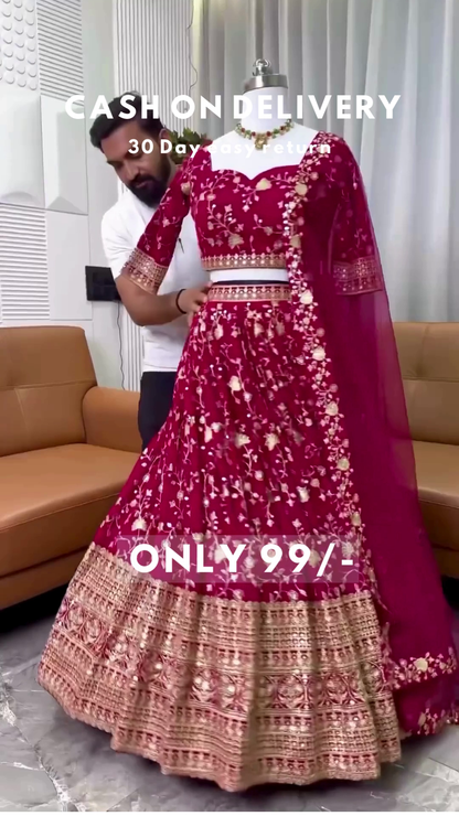 Wine Royalty: Intricately Embroidered Floral Lehenga Choli Set