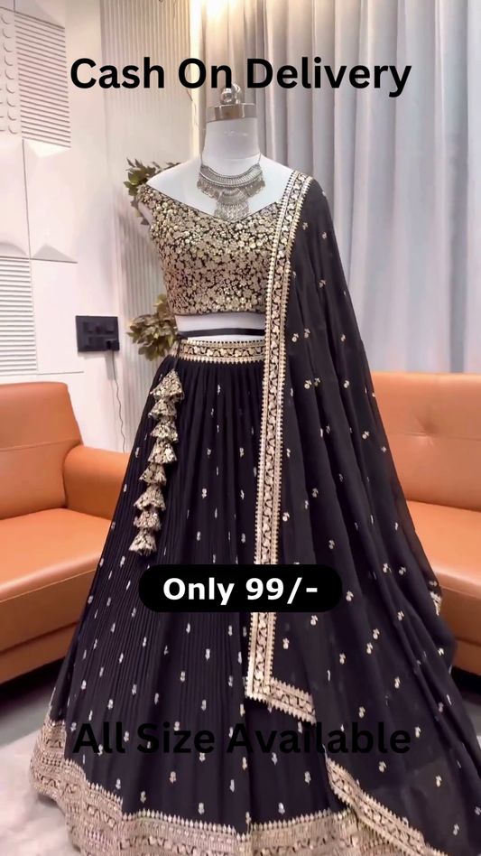 Midnight Shimmer: Heavily Sequined Black & Gold Lehenga Choli Set