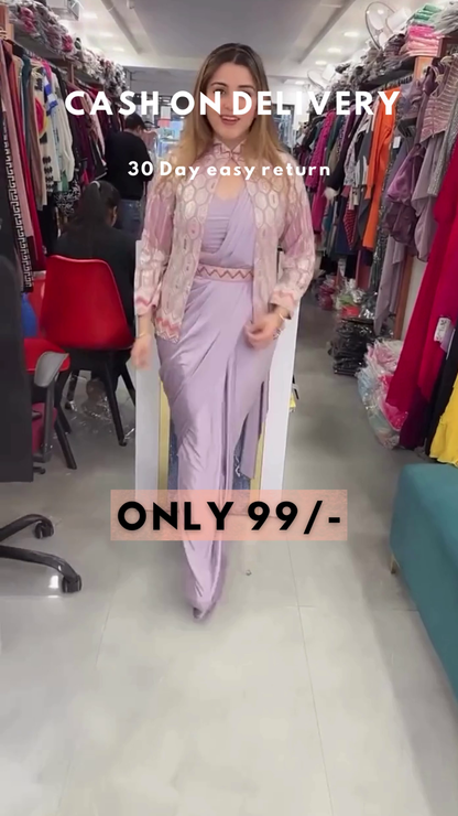Lavender Luxe: Modern Pre-Stitched Saree with Embroidered Jacket & Belt Set