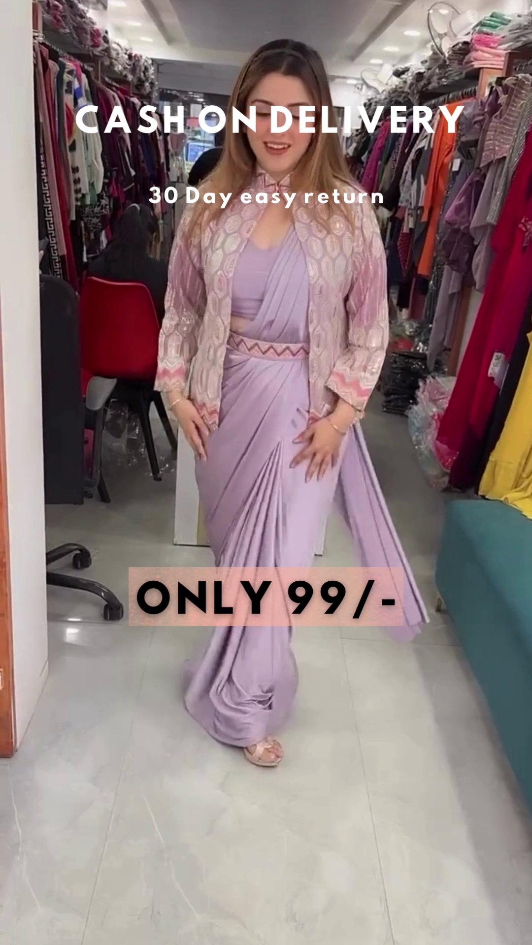 Lavender Luxe: Modern Pre-Stitched Saree with Embroidered Jacket & Belt Set