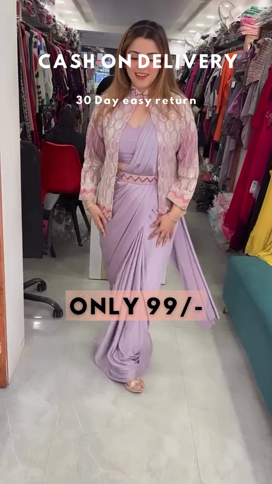 Lavender Luxe: Modern Pre-Stitched Saree with Embroidered Jacket & Belt Set