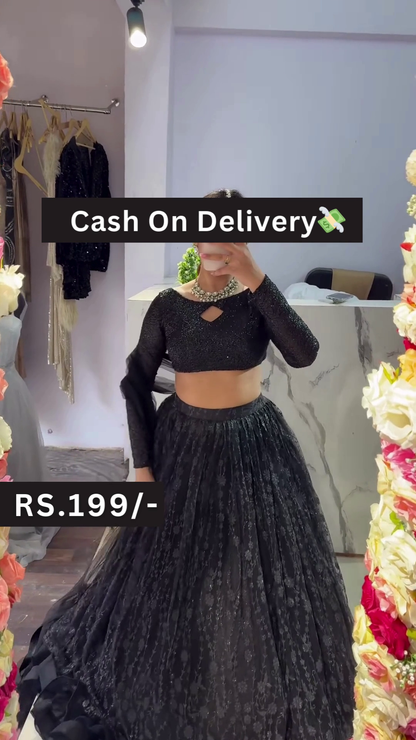 Black Sequin Crop Top Lehenga Set with Lace Skirt and Floral Mirror Selfie Styling – Glam Fusion for Every Festive Mood