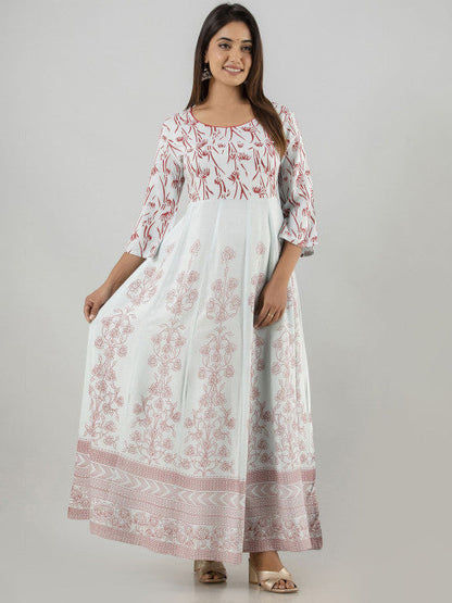 Women Ethnic Motifs Printed Round Neck Block Print Anarkali Kurti