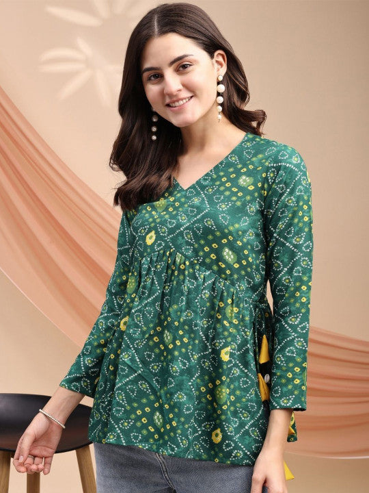 Women Bandhani Print Peplum Kurti With Tassles and Kodi