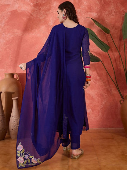 Women Embroidered Straight Kurta with Pants & Dupatta Set