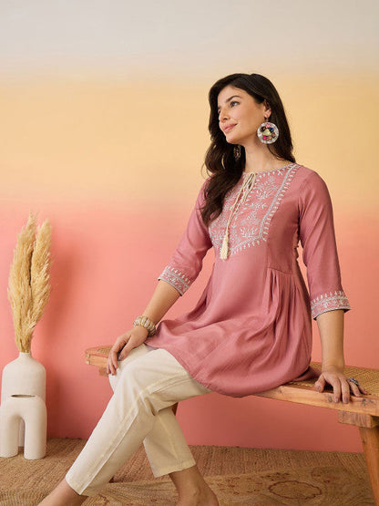 Women Embroidered Tie Up Neck Short Top