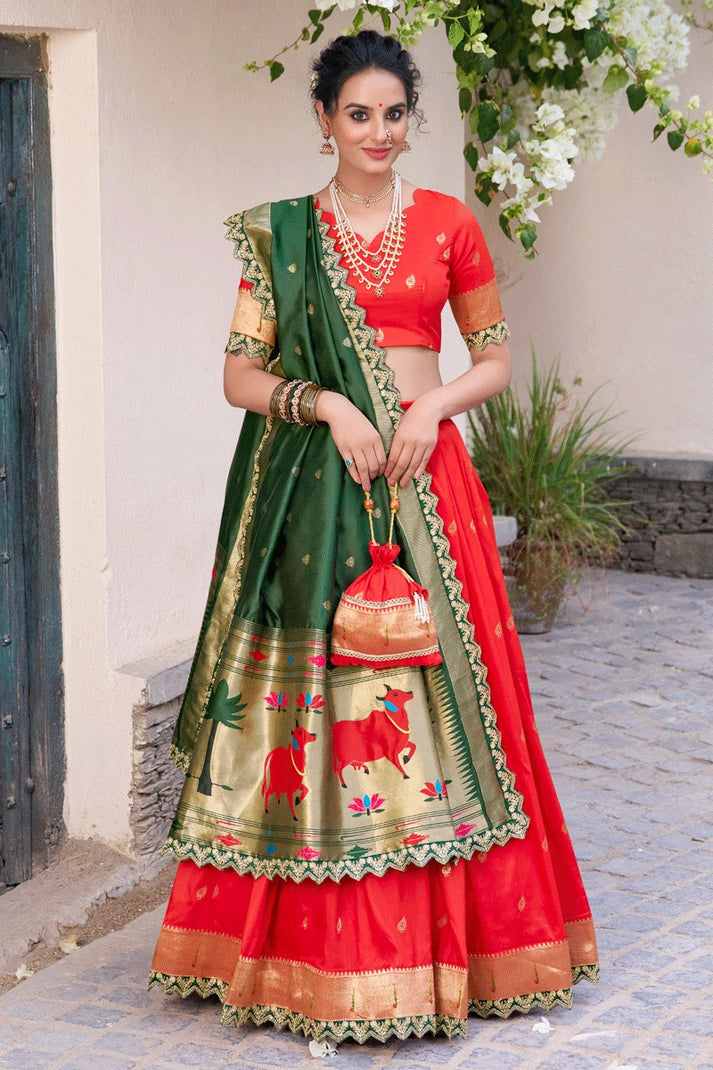 Red Color Half Saree With Green Voni For Girl For Pongal From Anaya Designer Studio