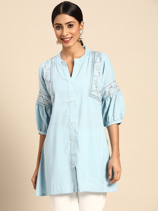 Blue Embroidered Detail A-Line Top