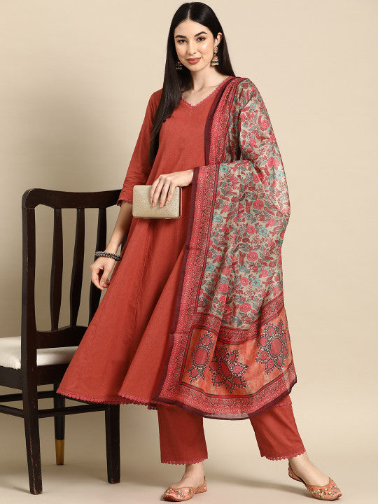 Anarkali Pure Cotton Kurta With Trousers & Dupatta