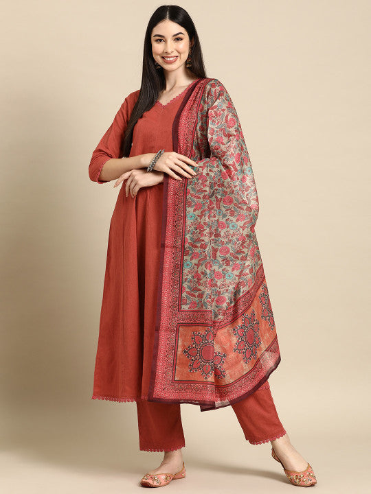 Anarkali Pure Cotton Kurta With Trousers & Dupatta