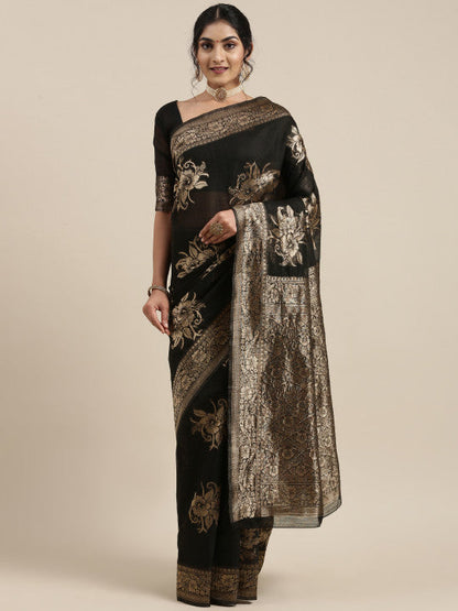 Black Floral Linen Blend Banarasi Saree