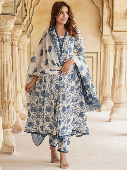 Floral Printed Anarkali Pure Cotton Kurta with Trousers & Dupatta