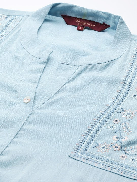 Blue Embroidered Detail A-Line Top