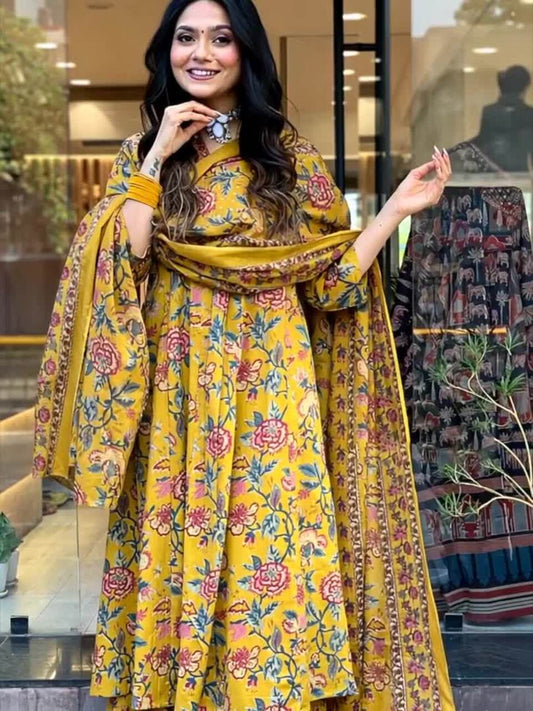 Women Floral Printed V-Neck Anarkali Kurta with Palazzos & With Dupatta