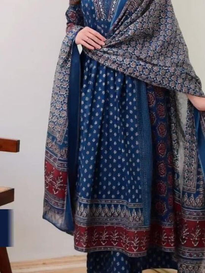 Floral Printed V Neck Anarkali Kurta With Trousers & Dupatta